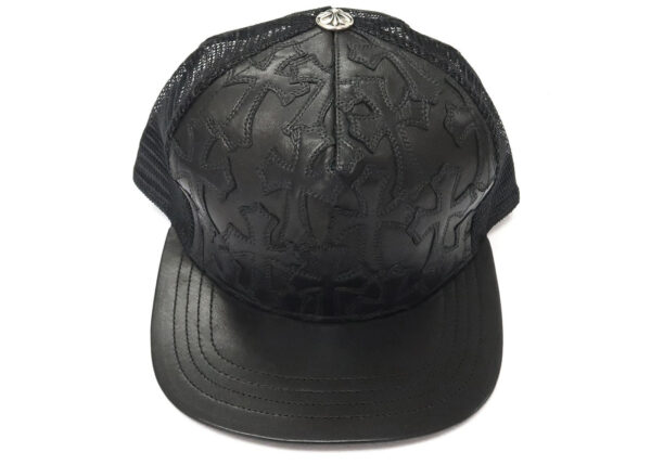Chrome Hearts Cemetary Cross Leather Stitched Trucker Hat - Black