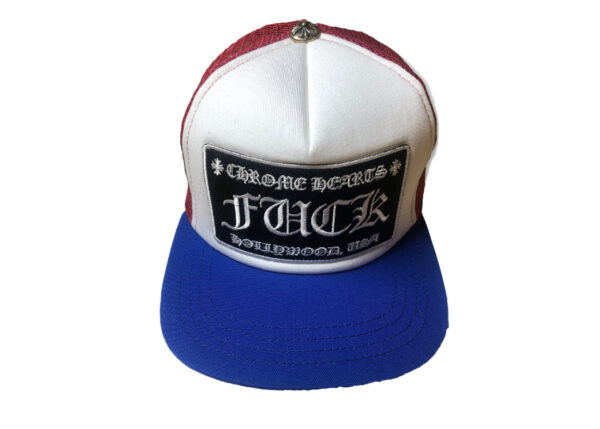 Chrome Hearts FUCK Hollywood Trucker Hat -Red-White-Blue